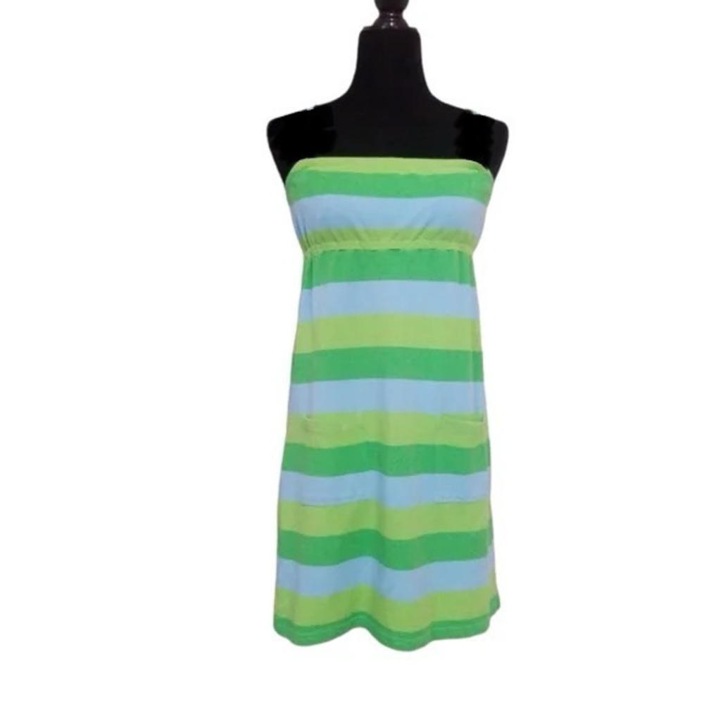 Lilly Pulitzer Small Blue Green Striped Pique Knit Strapless 90s Y2K Dress